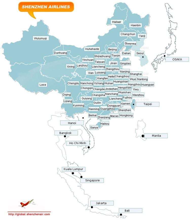 kort over Shenzhen airlines ruten