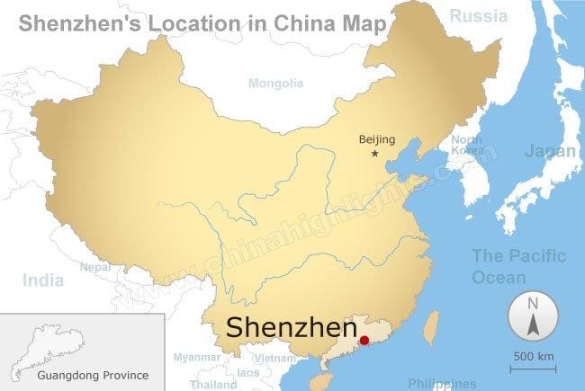 Shenzhen placering i Kina kort